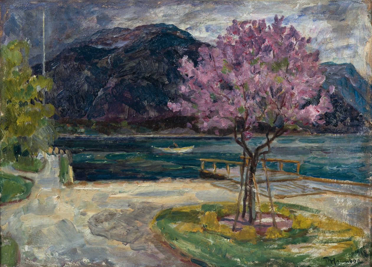 Kystlandskap med blomstrende mandeltre av Thorolf Holmboe