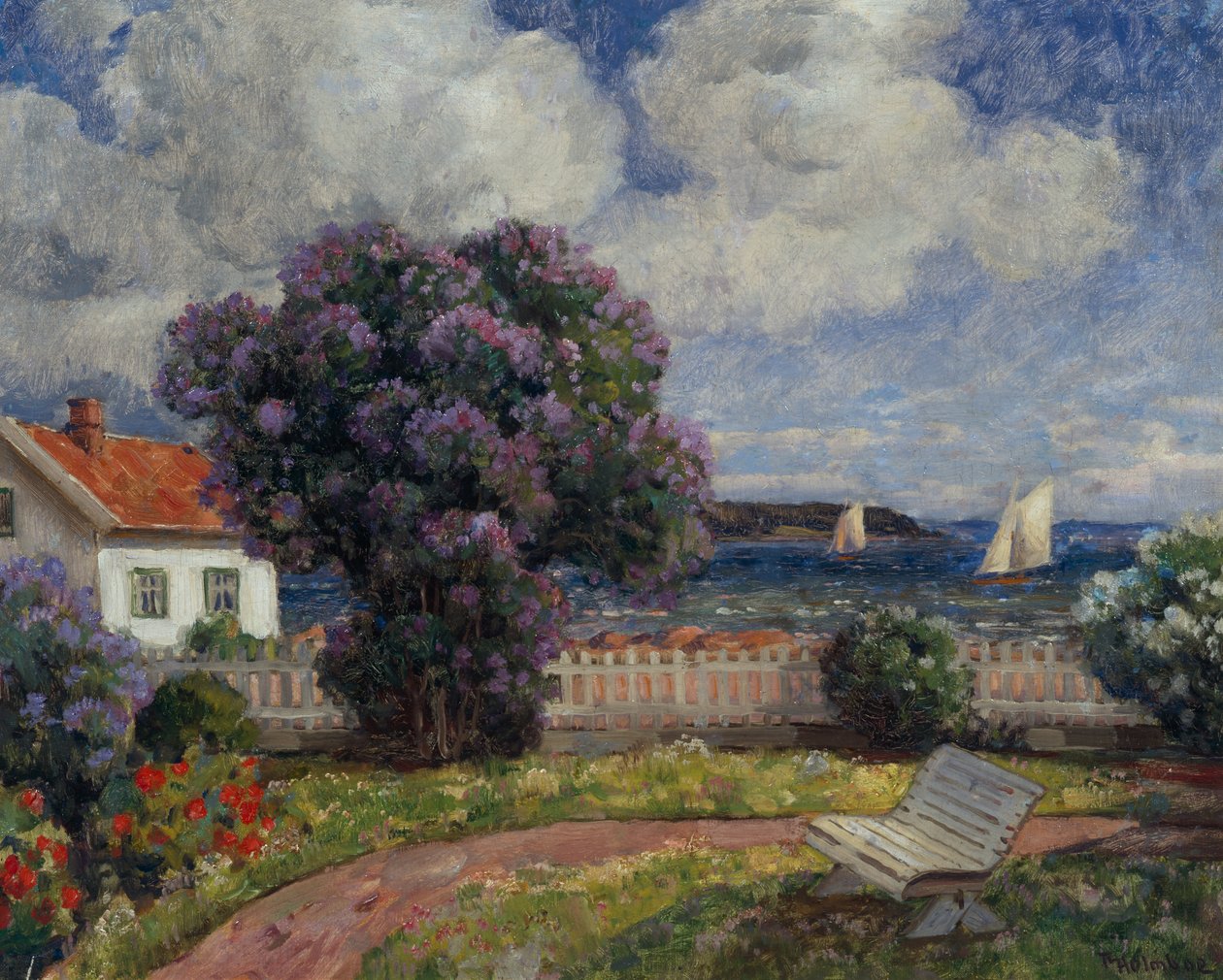 Kystlandskap med blomstrende syrinbusk (olje på lerret) av Thorolf Holmboe