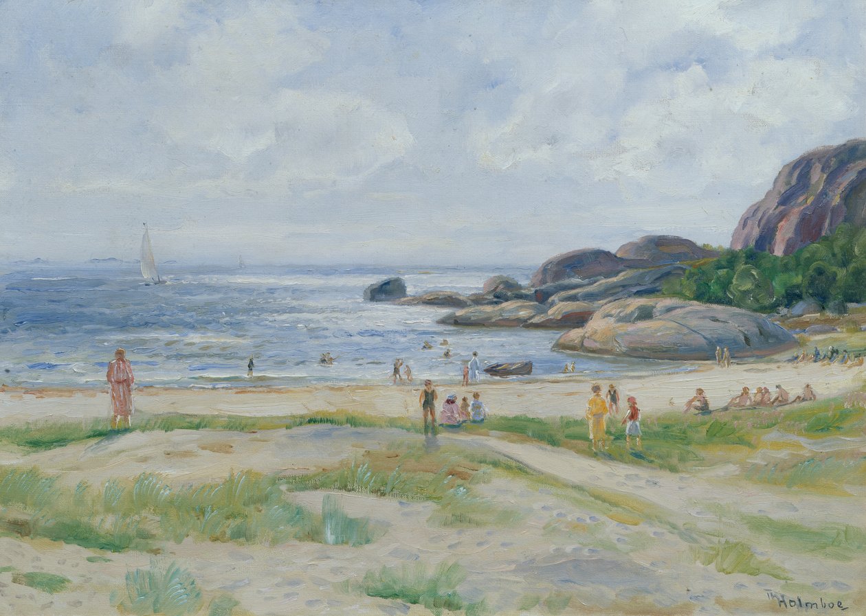 Folk som bader (olje på lerret) av Thorolf Holmboe