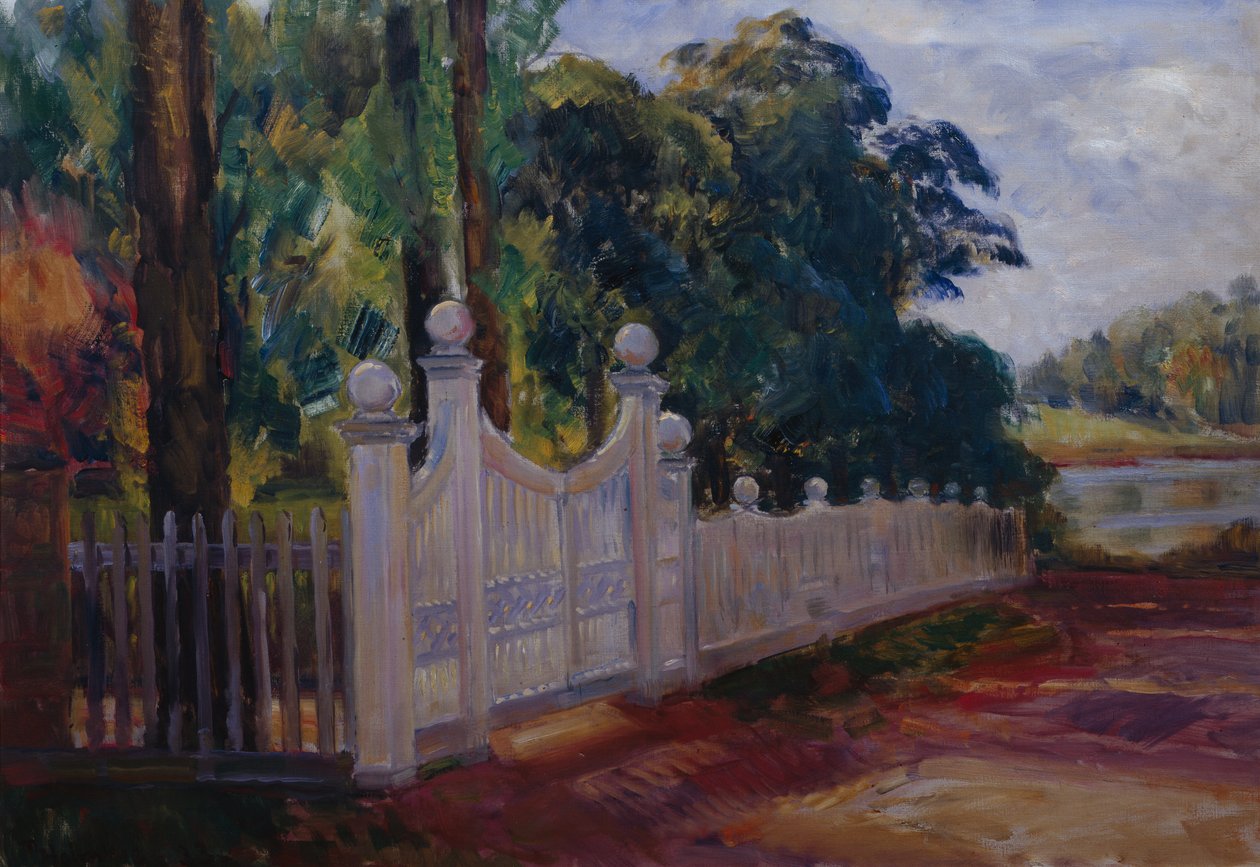 Sommerlandskap med hagegjerde og port av Thorolf Holmboe