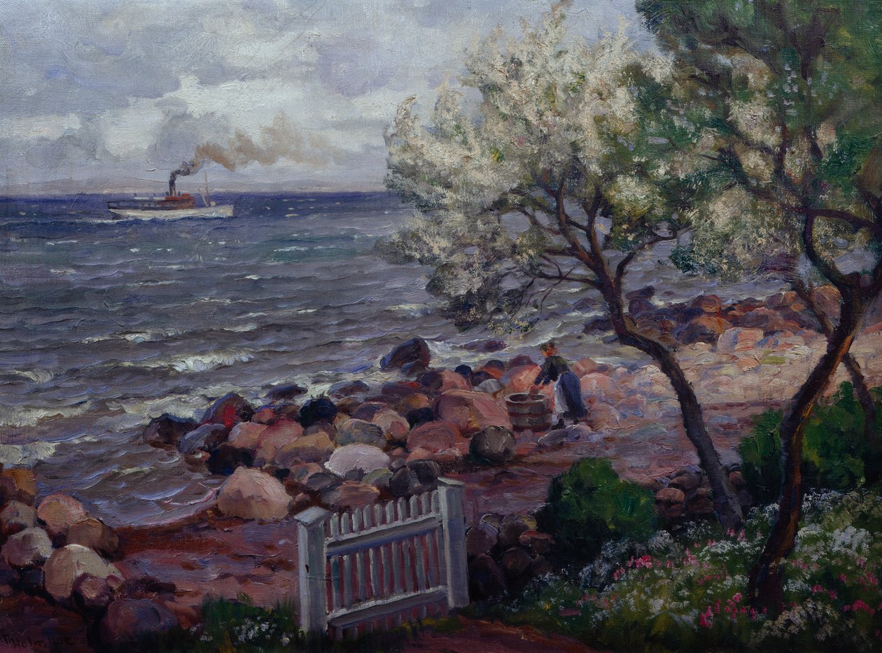 Sommerlandskap med hageport og kvinne (olje på lerret) av Thorolf Holmboe