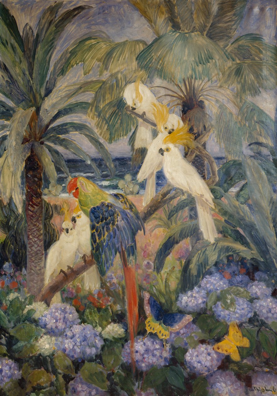 Tropisk landskap med papegøyer (olje på lerret) av Thorolf Holmboe