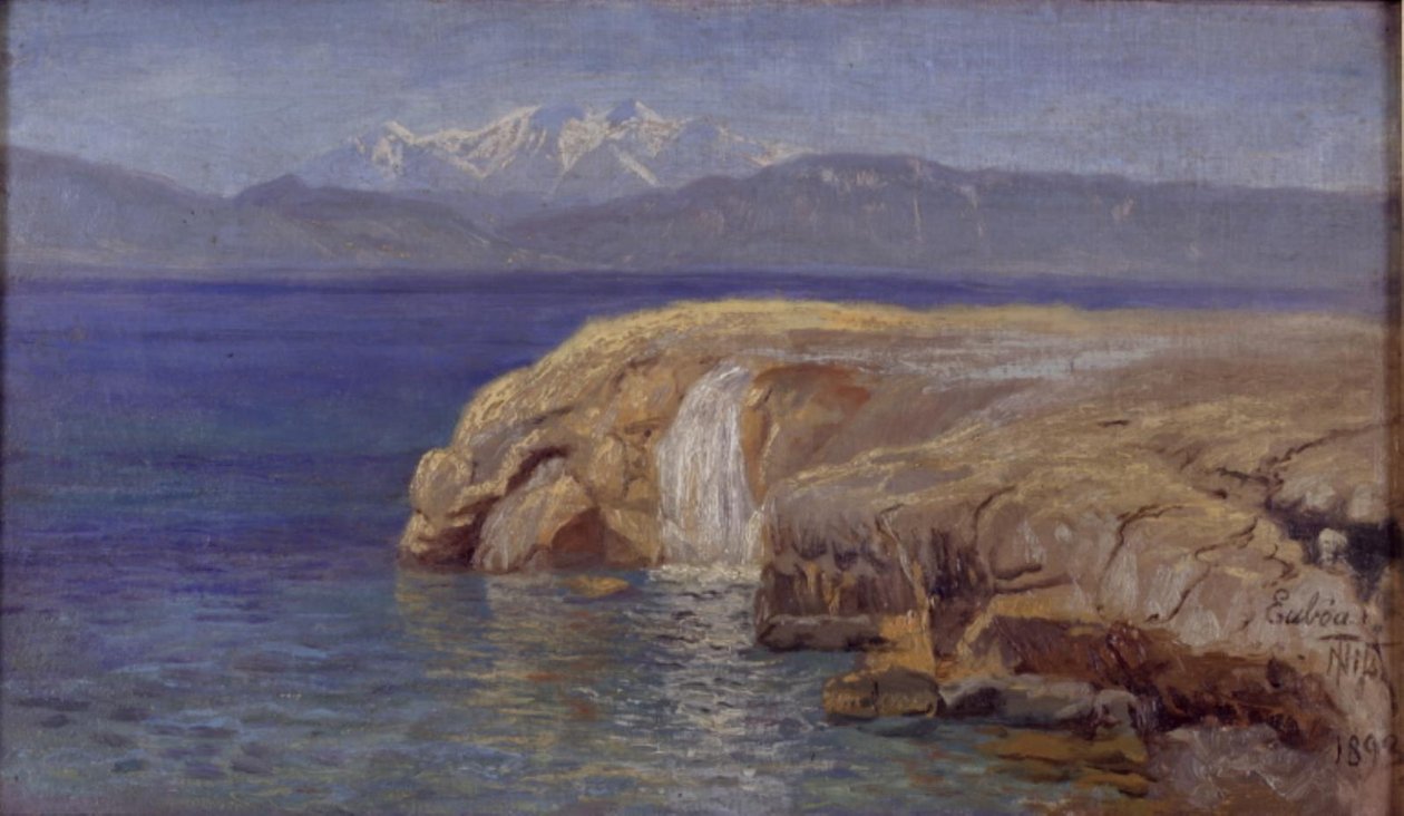 Steinete kyst med fossefall på Eubøa av Thorvald Niss
