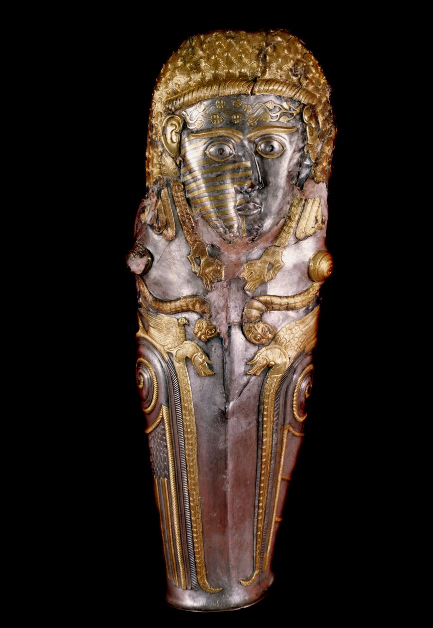Art thrace: Knemid i gull og sølv for leggbeskyttelse. Fra skatten til Vratza kalt Moguilanskata Moguila. 380-350 f.Kr. Historisk avdelingsmuseum i Vratza. Bulgaria av Thracian Thracian