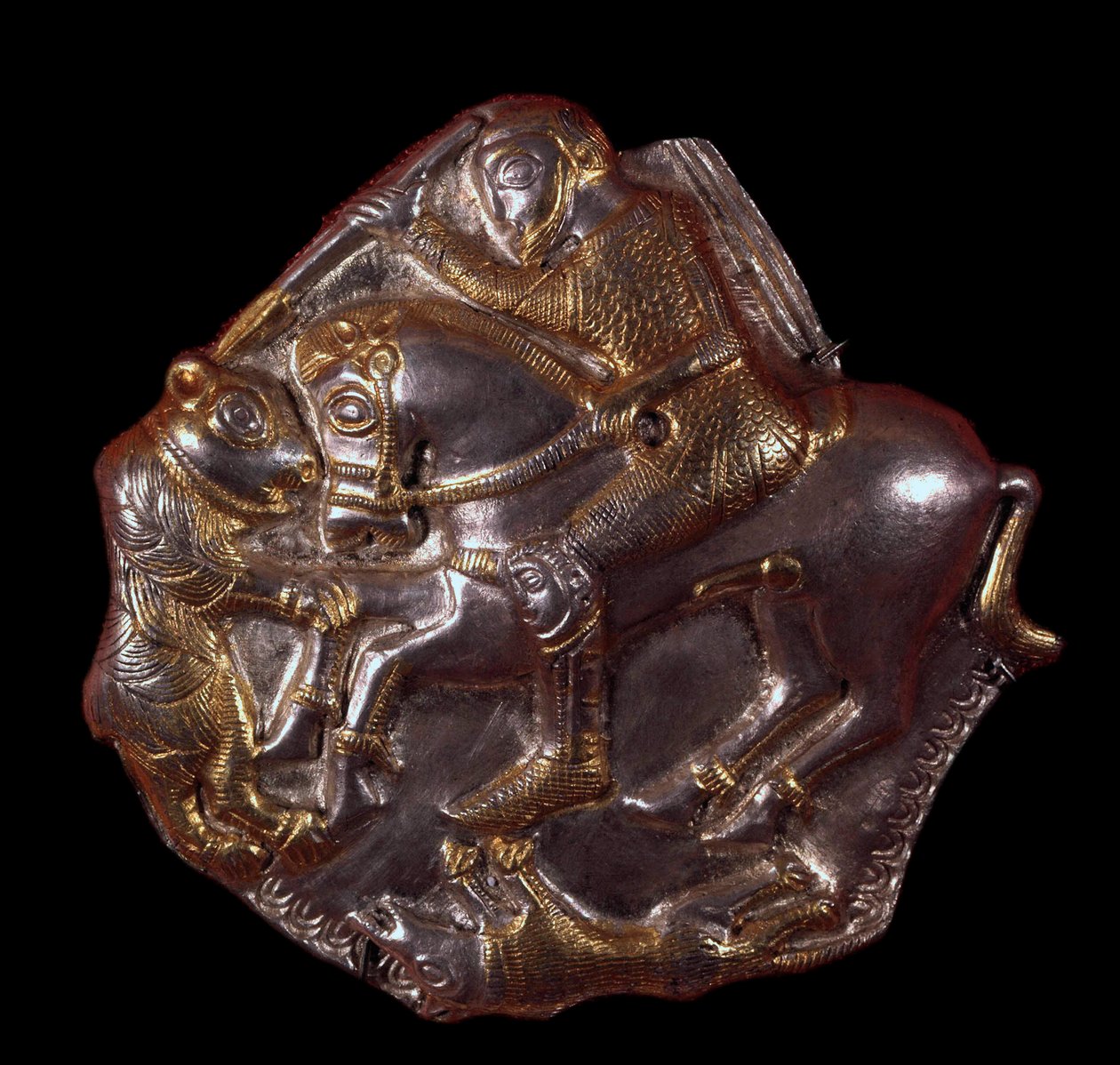 Trakisk sivilisasjon: gull-sølv-sconce som representerer en rytter angrepet av en bjørn. 400-350 f.Kr. Lovtch, Historisk avdelingsmuseum, Bulgaria av Thracian Thracian