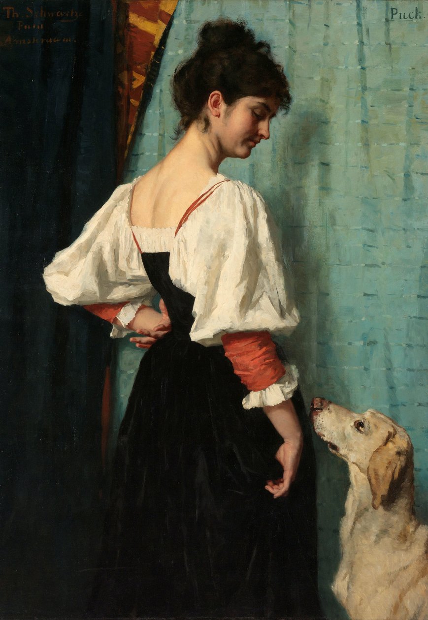 Portrett av en ung kvinne, med "Puck" the Dog Ung italiensk kvinne med hundepuck av Thérèse Schwartze
