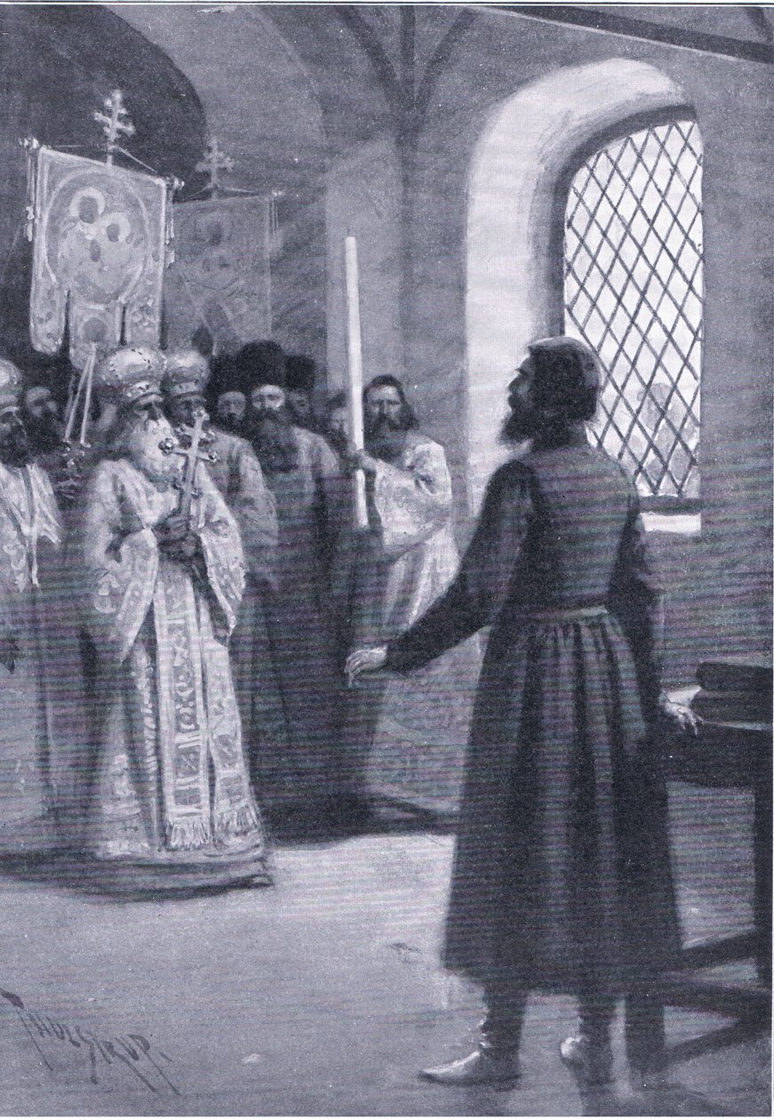 Boris Godunov i pensjonisttilværelse ved klosteret ba om å godta hans valg som tsar, illustrasjon fra Landmarks in European History utgitt av Gresham Publishing Co, ca. 1920 (litho) av Thure de Thulstrup