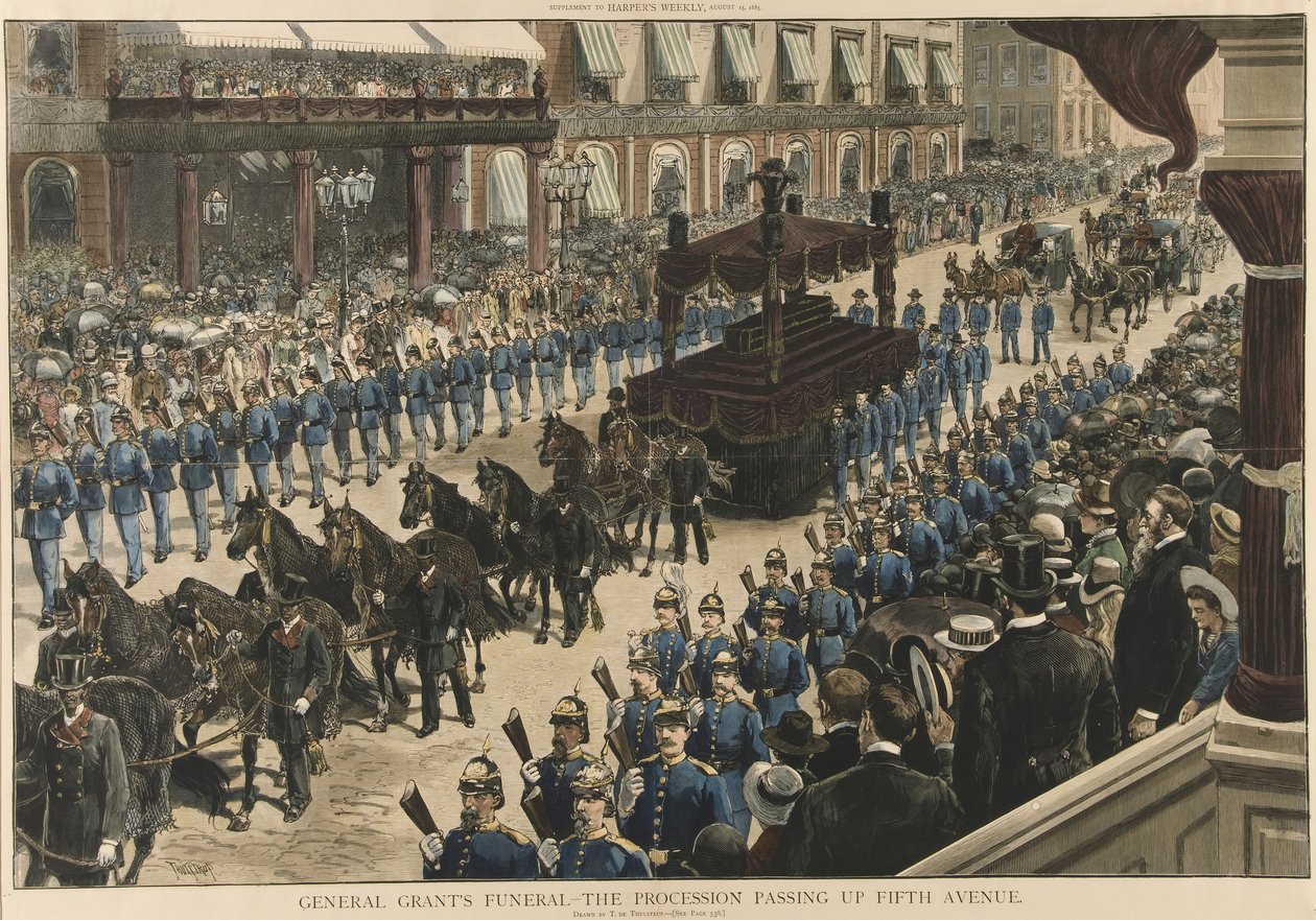 General Grants Funeral - Prosesjonen passerer Fifth Avenue, fra Harpers Weekly, pub. 1885 av Thure de Thulstrup