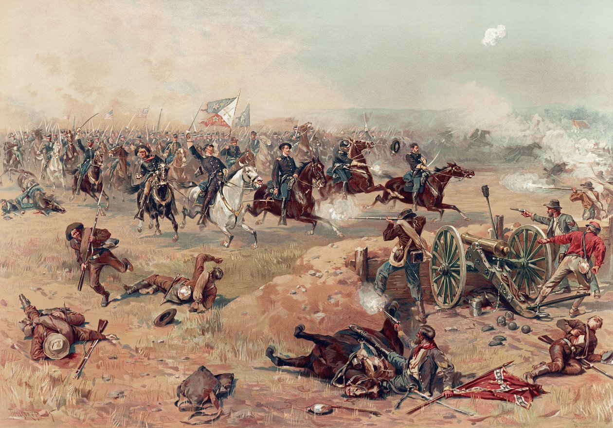 Sheridans Final Charge på Winchester, pub. :. Prang & Co., 1886 (fargelitografi) av Thure de Thulstrup