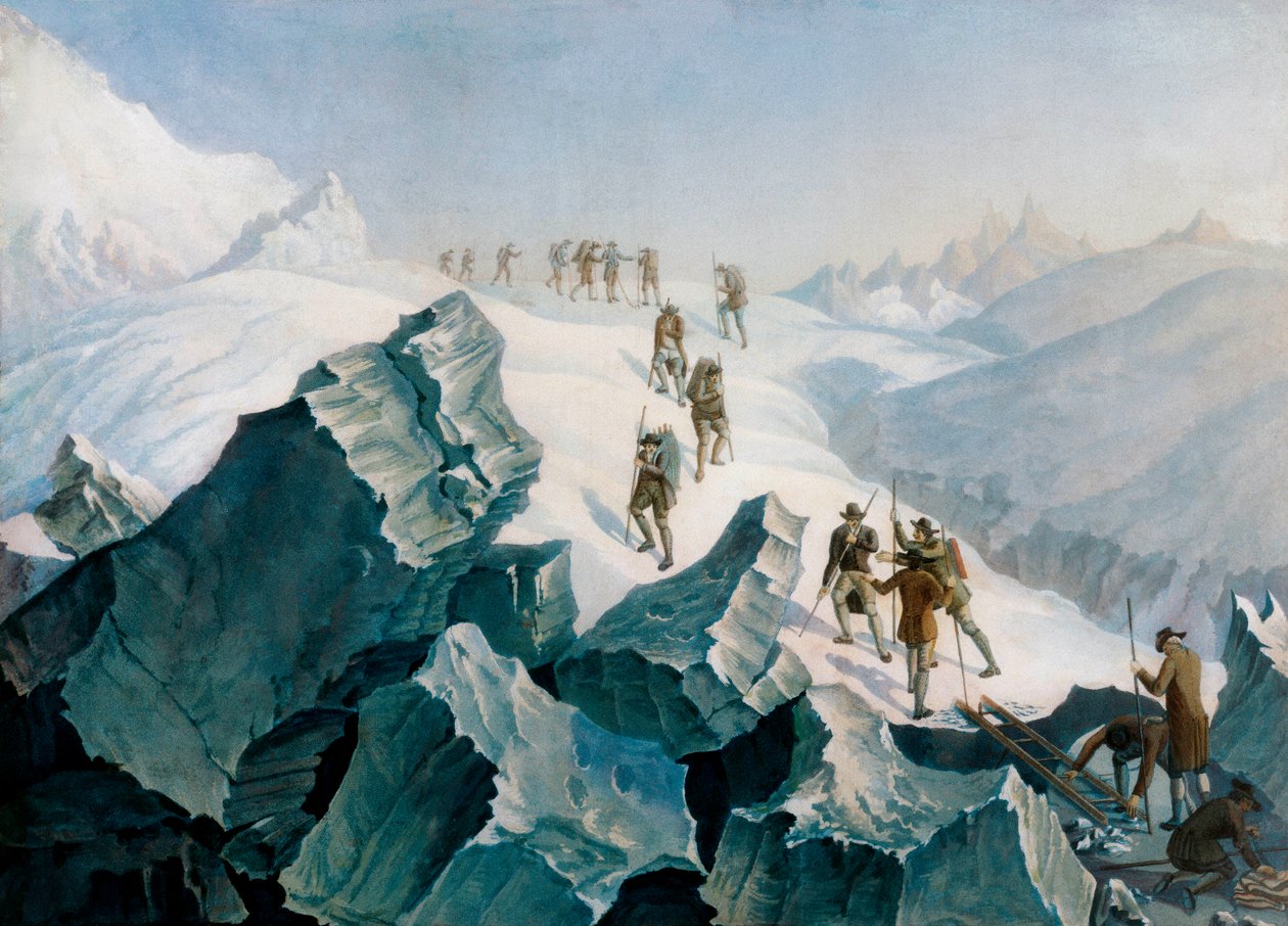 Nedstigning av Horace Benedict de Saussure, hans sønn og guider ned Mont Blanc, august 1787 av Tiberius Dominikus Wocher