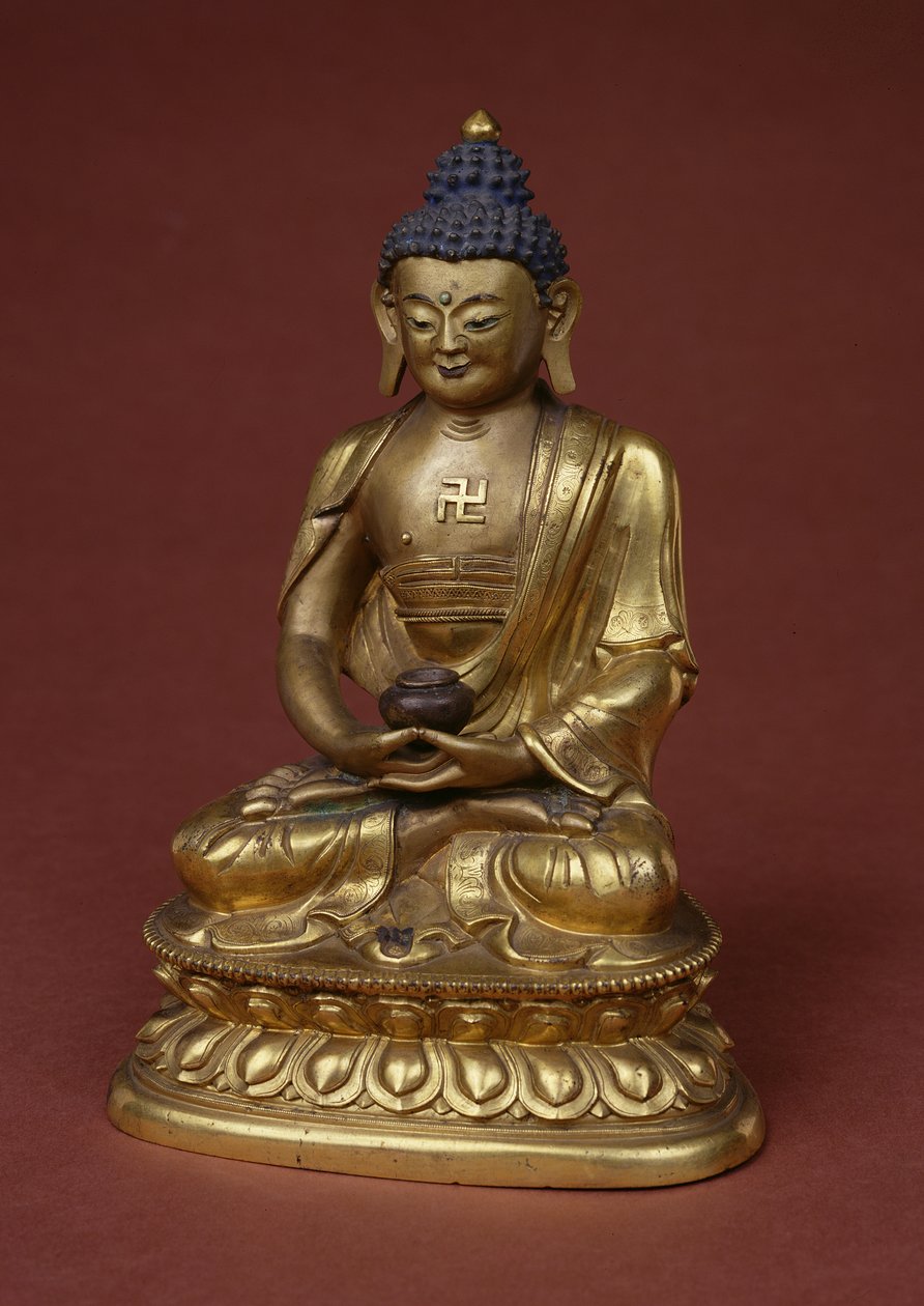 Buddha Amitayus sitter i meditasjon og holder vasen med nektar (amrta) i fanget (bronse) av Tibetan School