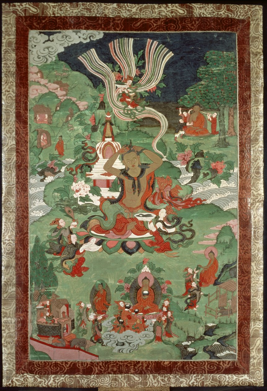 Buddha klipper en hårtot, tibetansk tempelbanner av Tibetan School