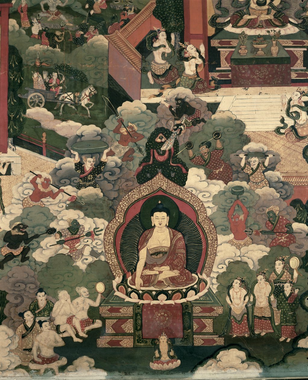 Livet til Buddha Shakyamuni, Armies of Mara Attacking the Blessed (maler på silke) av Tibetan School