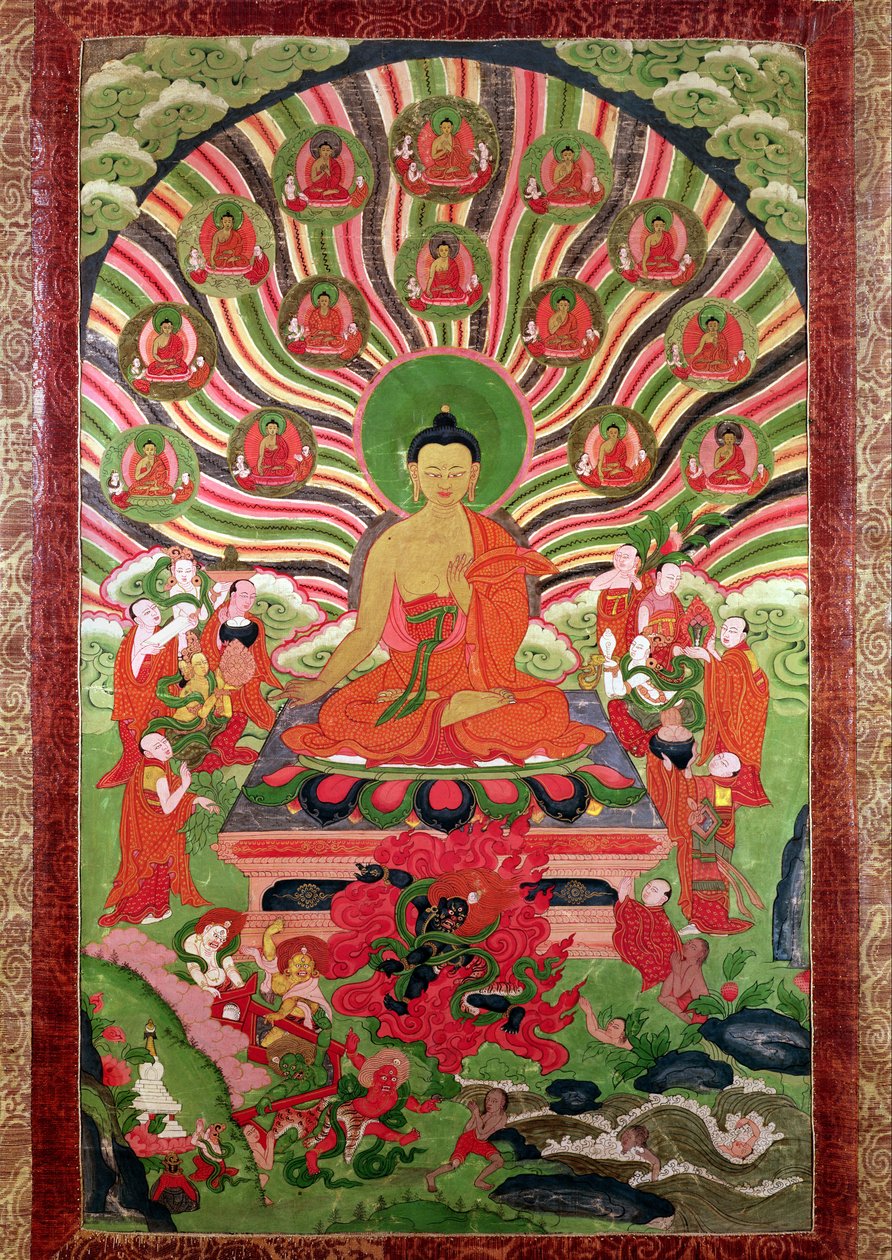 Scener fra Buddhas liv (malt tekstil) av Tibetan School