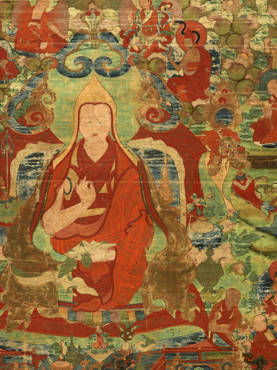 Detalj av tredje Panchen Lama Losan Penden Yeshe (gouache på tøy) av Tibetan School