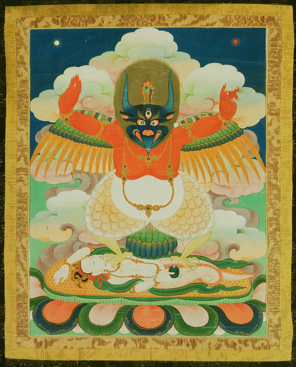 Thangka-maleri av Garuda som tråkker en døende nagad (klut) av Tibetan School