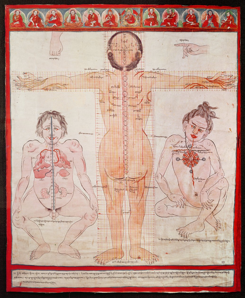Anatomical Chart, 1938 (penn og akvarell på tøy lagt på lerret) av Tibetan School