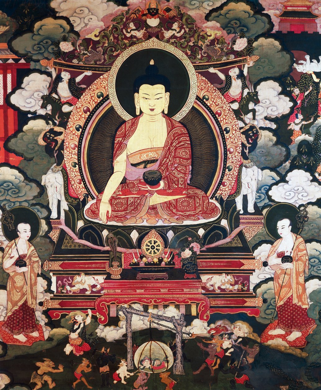 Buddha satt mellom sine to store disipler Cariputra og Maudgalyayana, scener fra livet til Buddha Sakyamuni, tibetansk sivilisasjon av Tibetan School