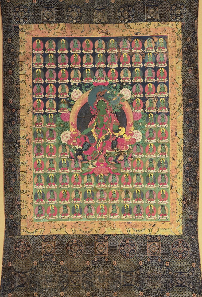 Grønn Tara, (gouache og forgylt på bomull) av Tibetan School