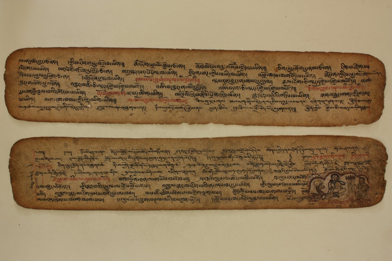 Milarepa i hulen sin, underviser en jeger, ca. 1400–99 (illuminert manuskript) av Tibetan School