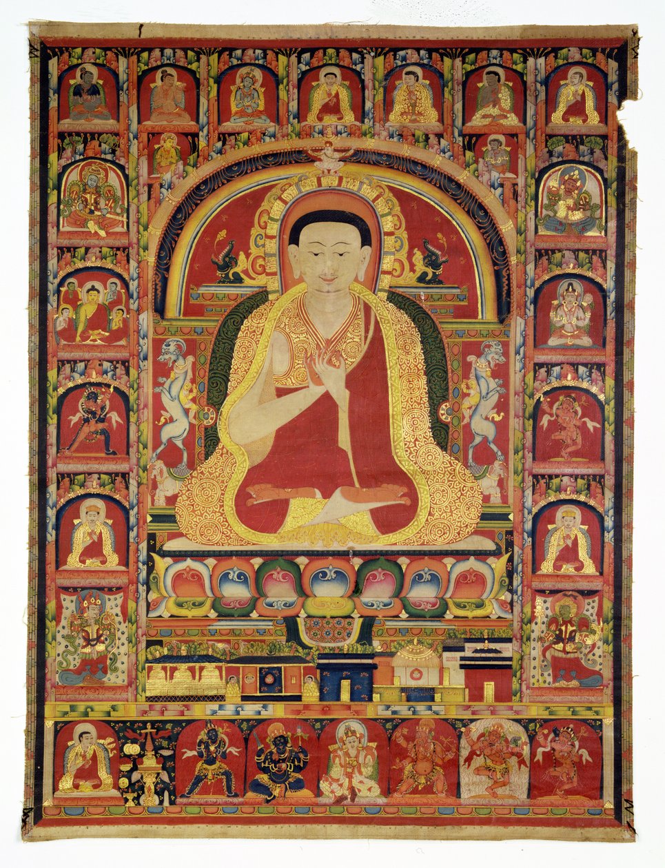 Portrett av den store Thangpa (1142-1210) sent på 1200-tallet (ugjennomsiktig wc og gull på bomull) av Tibetan School