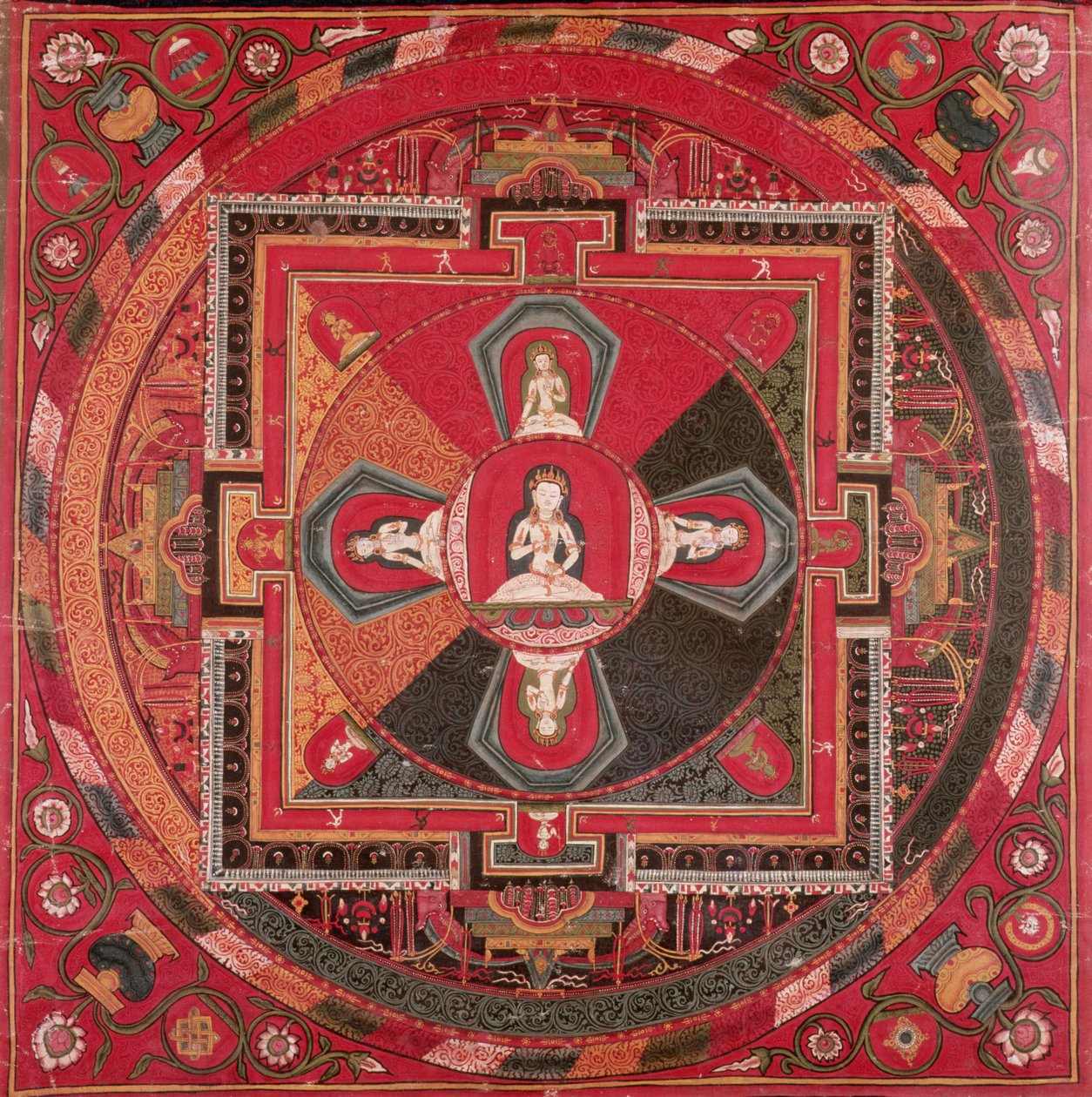 Thangka av en Vajrasattva Mandala (gouache på tekstil) av Tibetan School