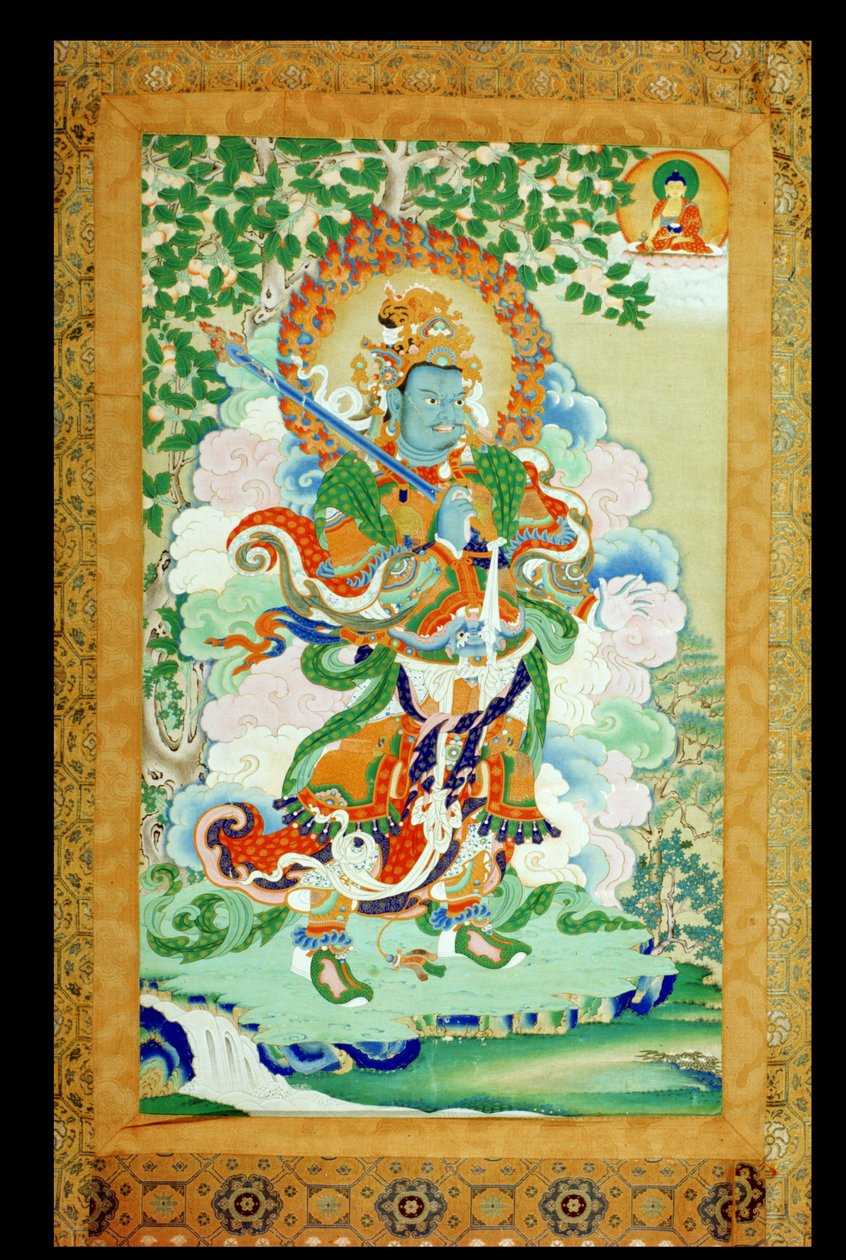 Thangka-maleri som viser Virudhaka (Pag che po) Guardian of the South, tibetansk, 1800-tallet (papir montert på silke med ruller) av Tibetan School