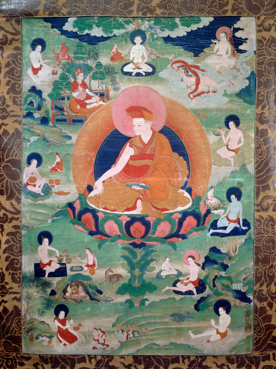 Lama Rdo Rje Grags Pa, som levde på 1000-tallet, omgitt av sine tilhengere, maleri, tibetansk sivilisasjon av Tibetan School