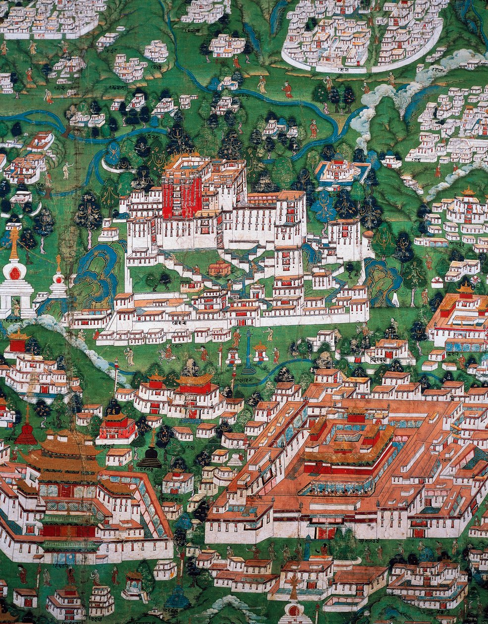 Byen Lhasa og Potala, farget gravering av Tibetan School