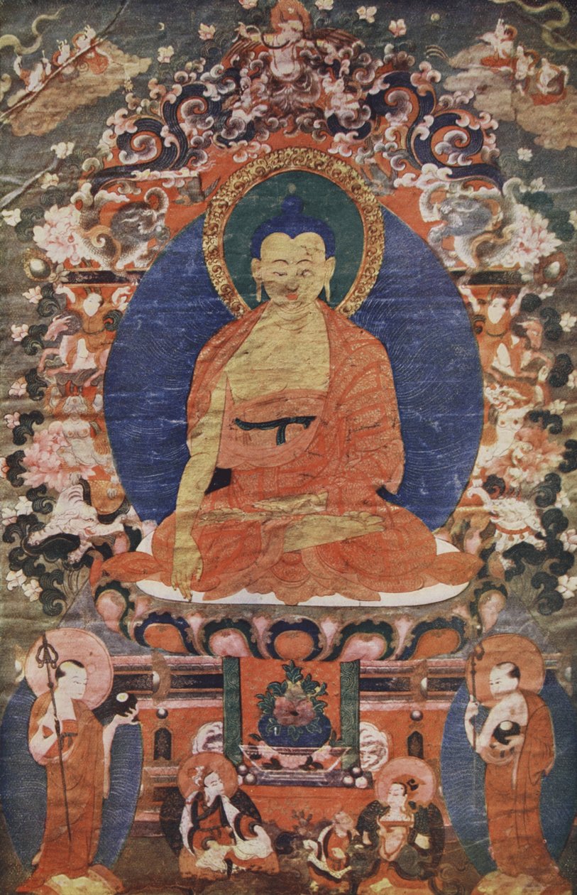 Tibetansk tempelbilde av Buddha på tronen, 1700-tallet, gjengitt i The Outline of History: å være en enkel historie om livet og menneskeheten av H.G. Wells, London av Tibetan School