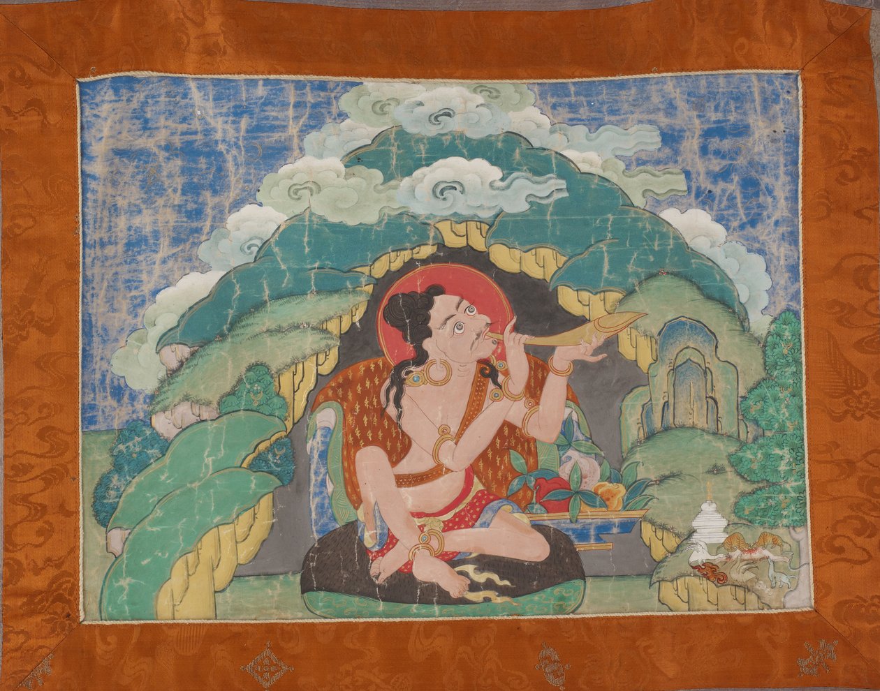 Mahasiddha Krishnacharya, fra et delvis sett med thangkas, tidlig på 1800-tallet (mineralpigmenter på størrelse bomull; original brokademontering) av Tibetan School