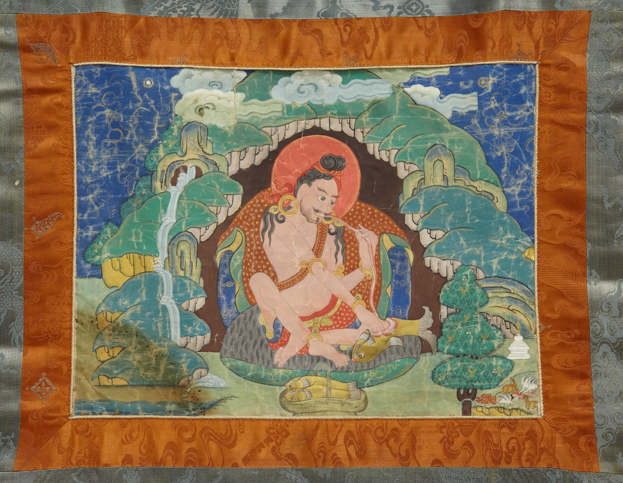 Mahasiddha Luipa, fra et delvis sett med thangkas, tidlig på 1800-tallet (mineralpigmenter på størrelse bomull; original brokademontering) av Tibetan School