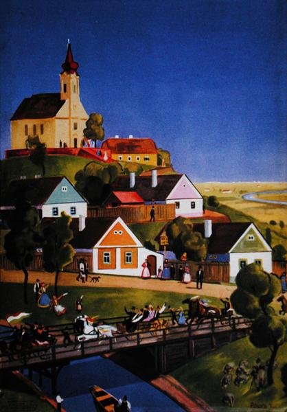 Den typiske ungarske landsbyen, illustrasjon fra en turistbrosjyre, ca. 1930-40 (farge litho) av Tibor Polya