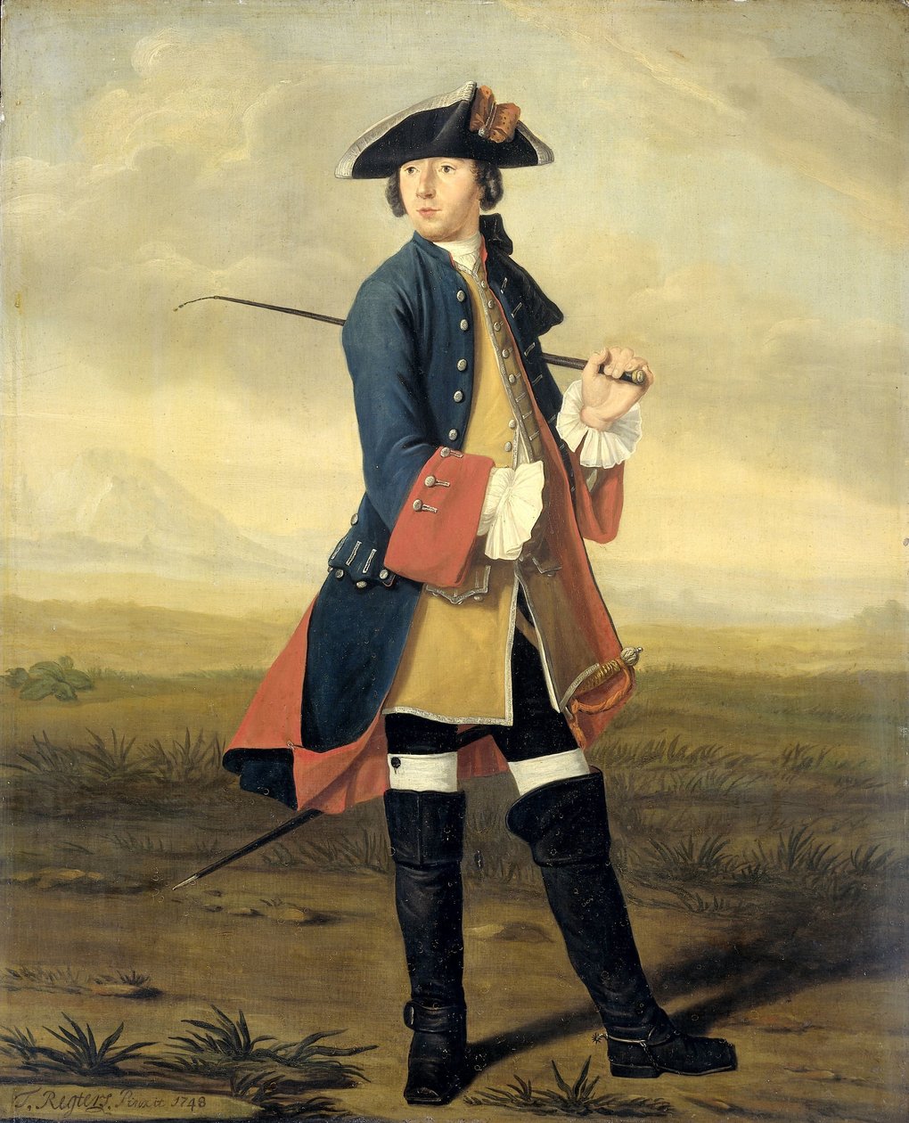 Portrett av Ludolf Backhuysen II, maler, i dragonenes uniform av Tibout Regters