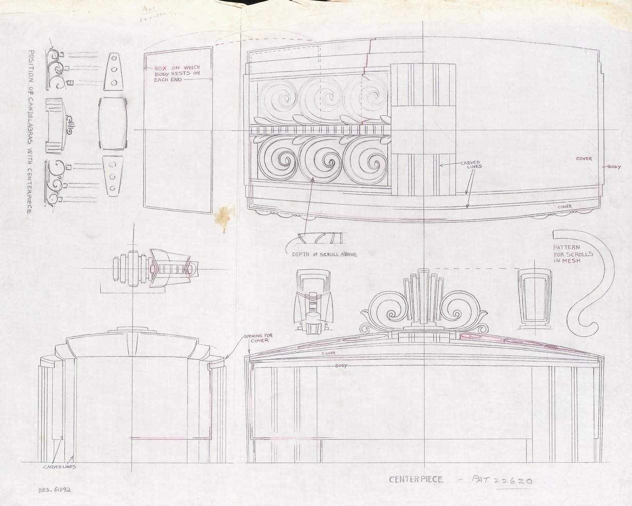 En tegning av design for et midtpunkt i utstillingen fra Tiffany & Co. og to tre-lys kandelaber laget for verdensutstillingen i 1939, ca. 1939 (blekk på papir) av Tiffany and Company