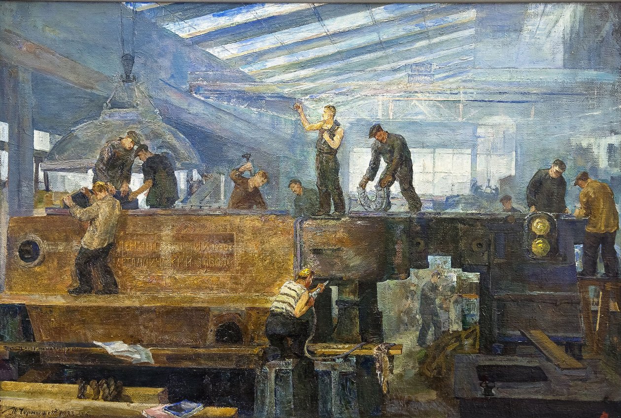 Le plan quinquennal - Turbininstallasjon av Chernyshev, Tikhon Pavlovich (1882-1942). Olje på lerret, størrelse: 75x110 av Tikhon Pavlovich Chernyshev