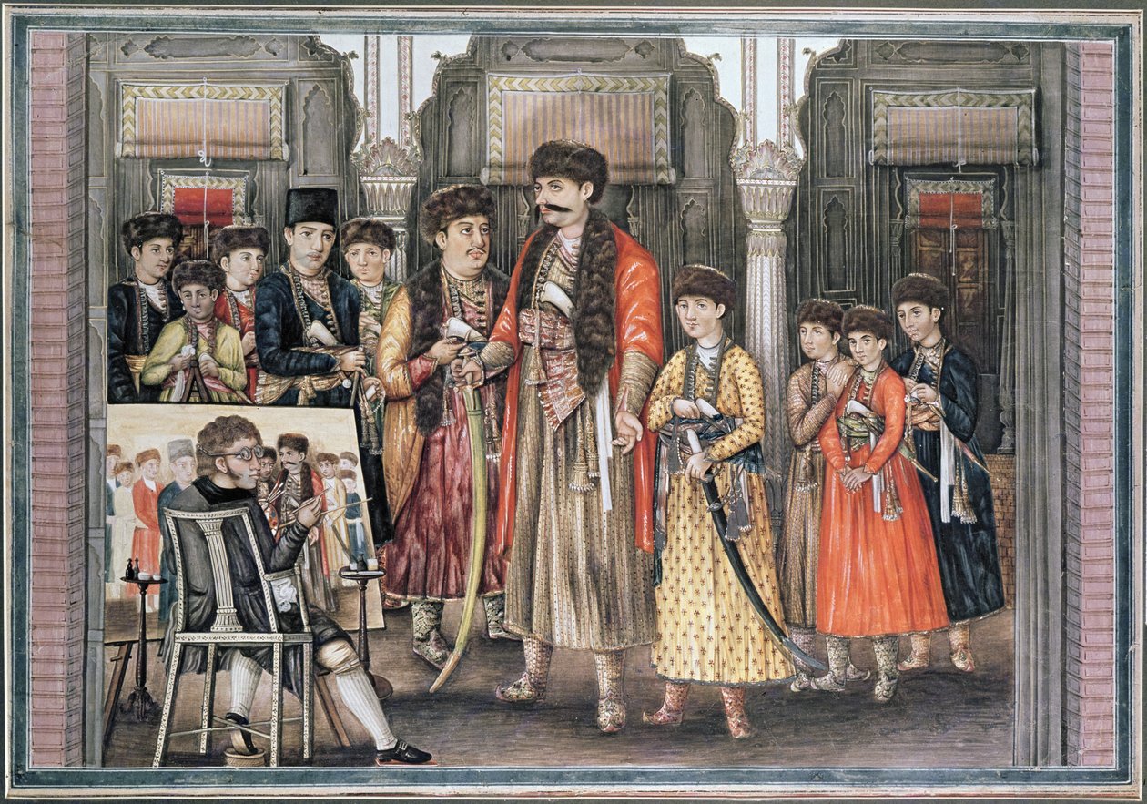 Shuja ud-daula, Nawab av Oudh (1754-75) og hans ti sønner, gravert av P. Renault, 1796 (farget akvatint) av Tilly Kettle