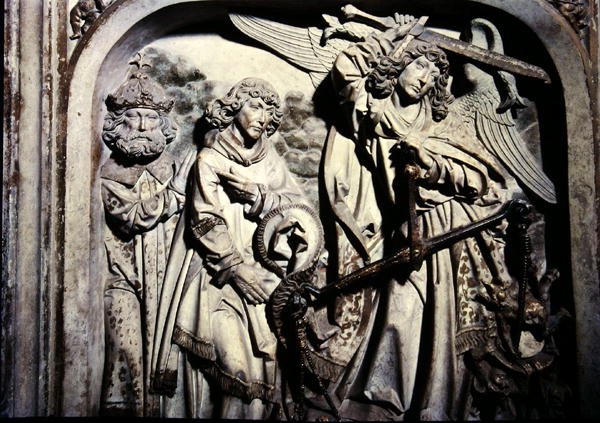 Graven til Henri II (973-1024) og hans kone Kunigunde, detalj av veiingen av hjertet til Henri II i nærvær av St. Laurence av Tilman Riemenschneider