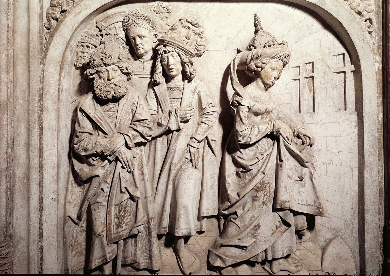 Graven til Henri II 973-1024 og hans kone Kunigunde, detalj av Kunigundes rettssak ved brann etter mistanke om utroskap, stein fra 1499-1513 av Tilman Riemenschneider