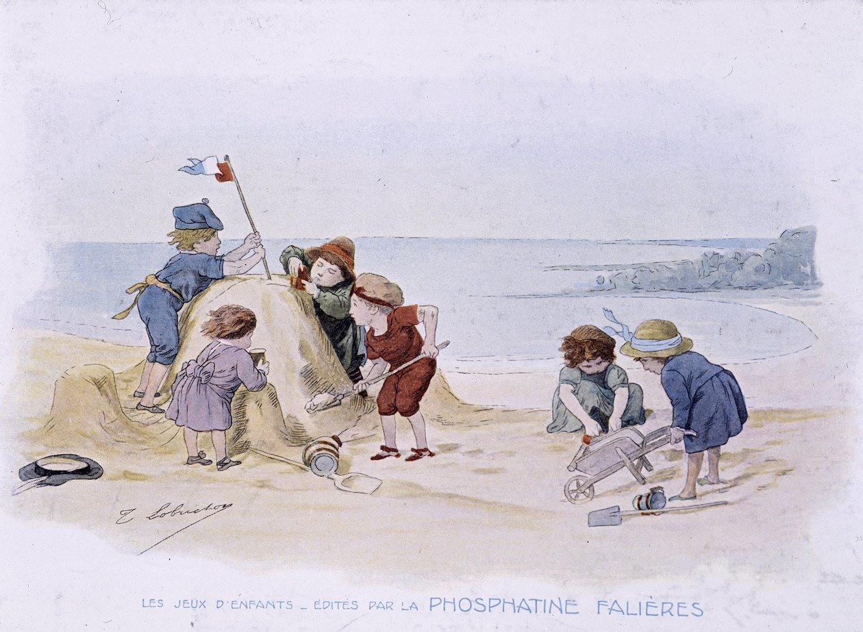 Barneleker: barn bygger et sandslott - dess. de Lobrichon, red. av Phosphatine Falières, v.1920 av Timoleon Marie Lobrichon