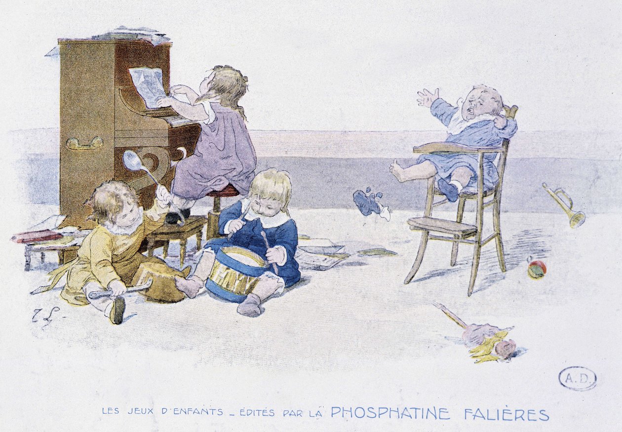 Barneleker: barn som spiller ulike musikkinstrumenter - dess. de Lobrichon, red. av Phosphatine Falières, v.1920 av Timoleon Marie Lobrichon