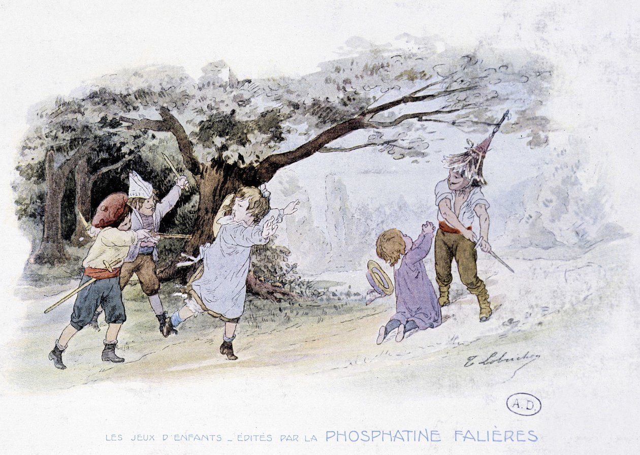 Barneleker: barn som leker krig, soldater - dess. de Lobrichon, red. av Phosphatine Falières, v.1920 av Timoleon Marie Lobrichon