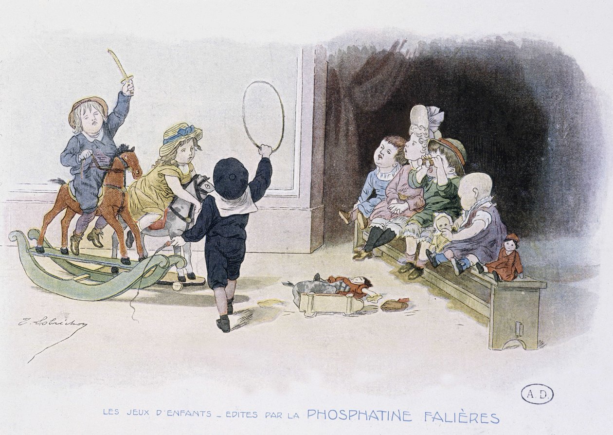 Barneleker: barn med forskjellige leker (bøyle, gyngehest, dukker...) - dess. de Lobrichon, red. av Phosphatine Falieres, v.1920 av Timoleon Marie Lobrichon