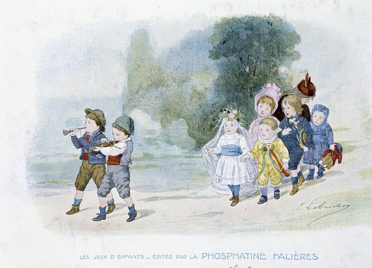 Barneleker: bryllupsprosesjon, barn forkledd som bruder - dess. de Lobrichon, red. av Phosphatine Falières, v.1920 av Timoleon Marie Lobrichon