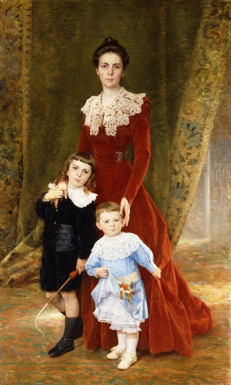 Portrett av en dame, stående i full lengde, med barna hennes, av Timoleon Marie Lobrichon