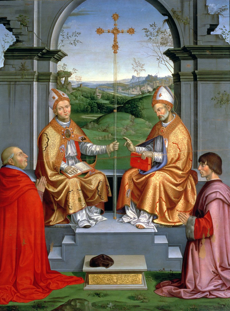 St. Thomas a Becket og St. Martin av Tours med erkebiskop Giovanni Pietro Arrivabene og Guidobaldo da Montefeltro, hertug av Urbino (d.1508) av Timoteo Viti