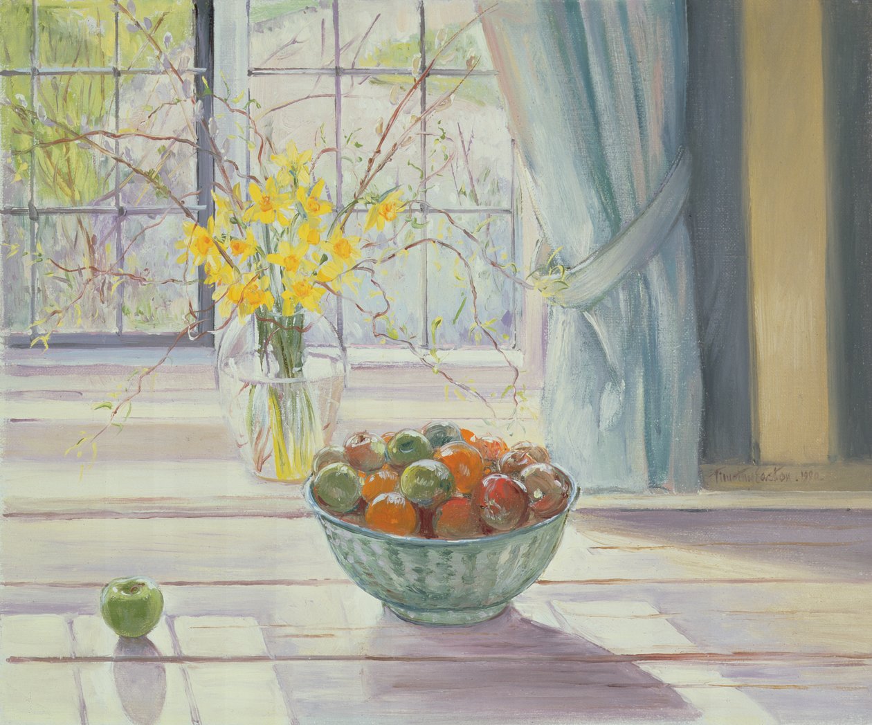 Fruktskål med vårblomster, 1990 av Timothy Easton