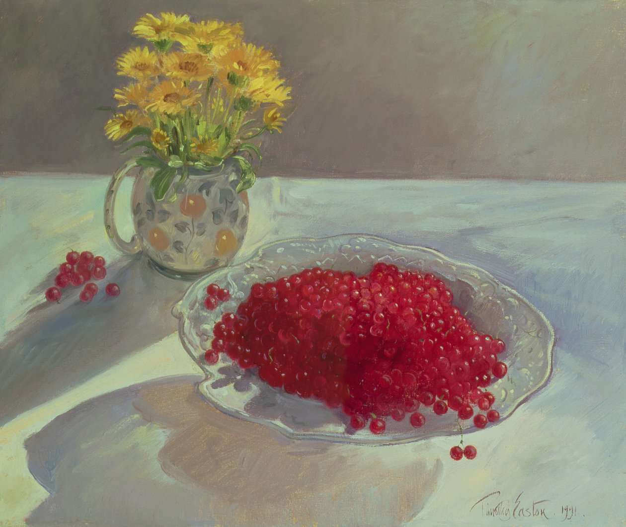 Stilleben med rips og ringblomster, 1991 av Timothy Easton