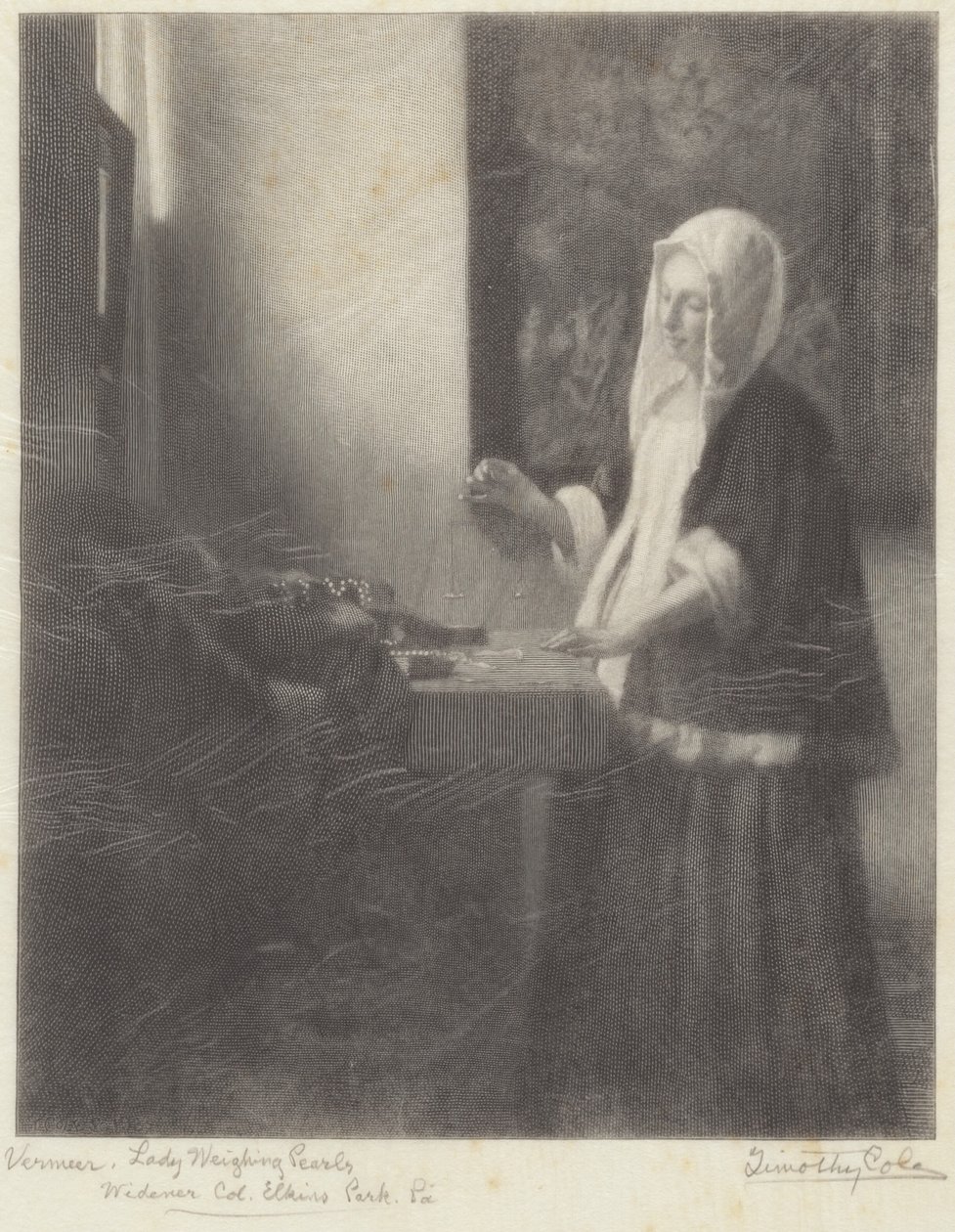 Kvinne som veier perler av Timothy Cole after Johannes Vermeer