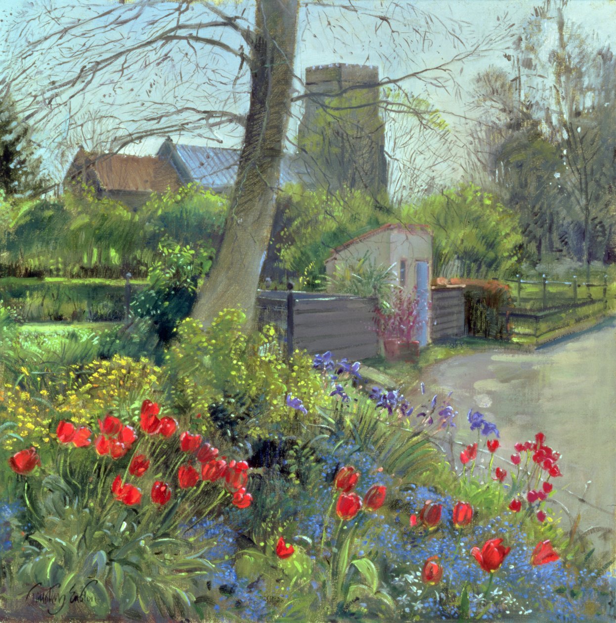 Red Tulips and Bedfield Church (olje på lerret) av Timothy Easton